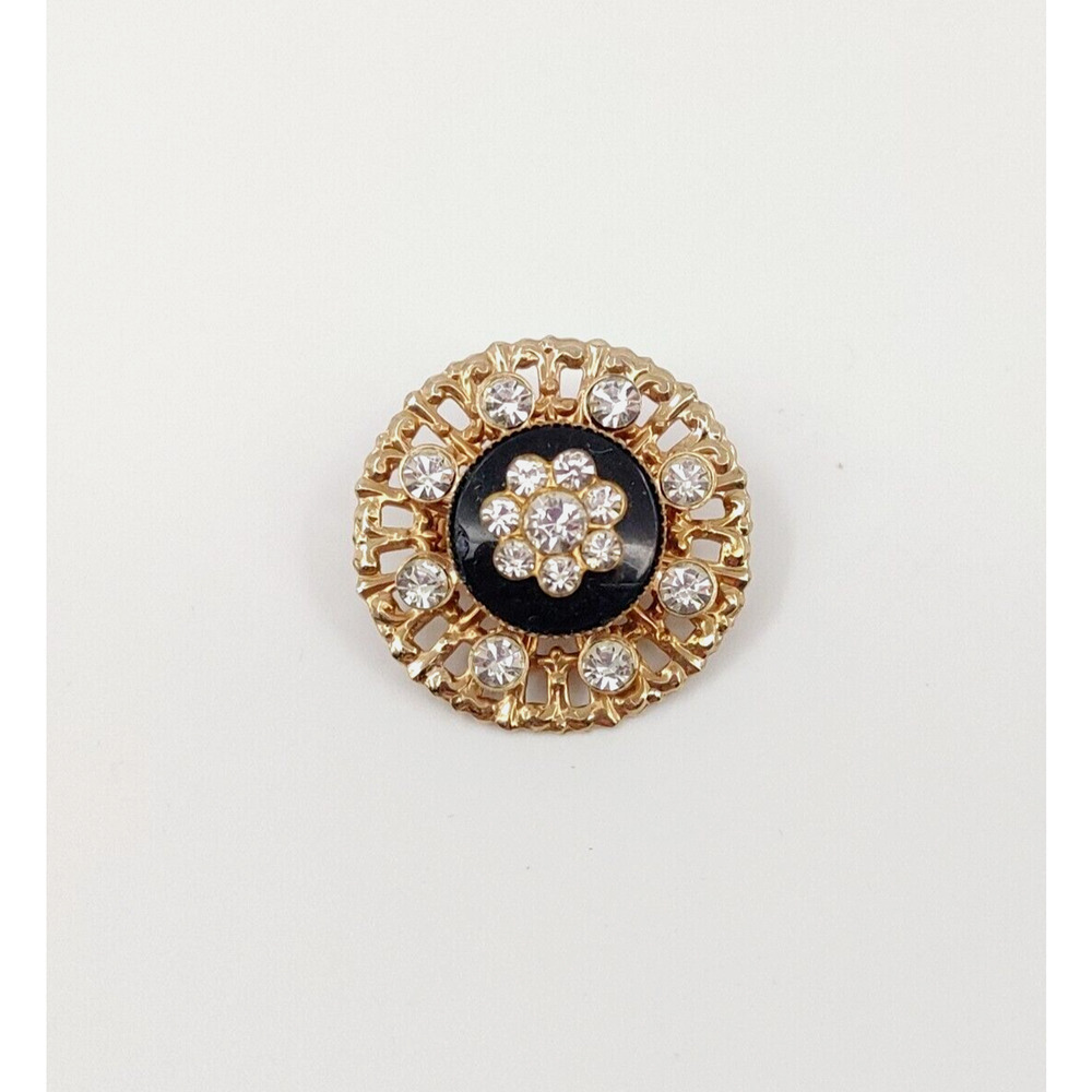 Vintageโ Flower Brooch Pin Black Gold-Tone Rhinestone Victorian